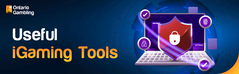 Sign of different iGaming tools like security, SSL on a laptop
