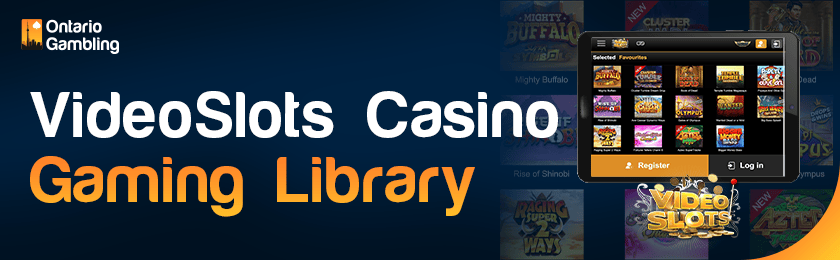 A casino library image is showing on a tablet for VideoSlots Casino gaming library
