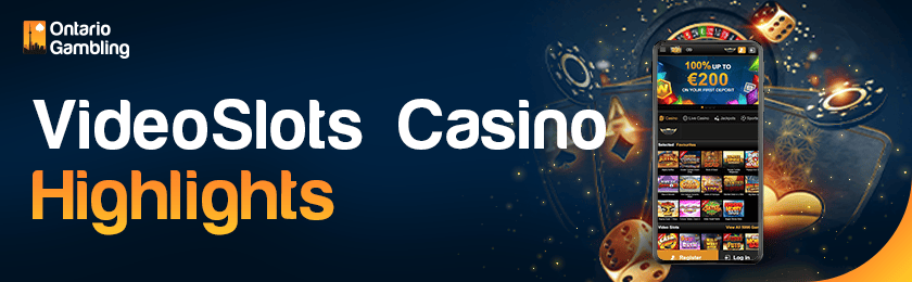 A mobile phone with some casino-playing items for VideoSlots Casino highlights