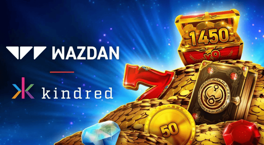 Wazdan and Kindred logos with casino symbols and coins