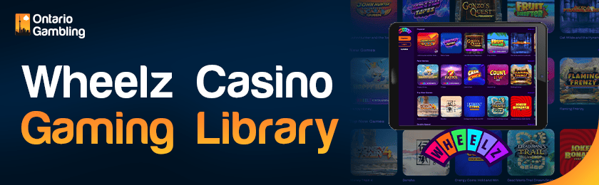 A casino library image is showing on a tablet for the Wheelz Casino gaming library
