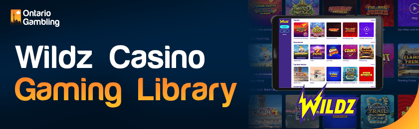 A casino library image is showing on a tablet for Wildz Casino gaming library