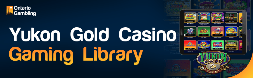 A casino library image is showing on a tablet for Yukon Gold Casino gaming library