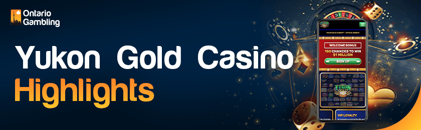 A mobile phone with some casino-playing items for Yukon Gold Casino highlights
