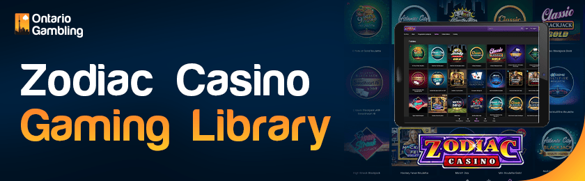A casino library image is showing on a tablet for Zodiac Casino gaming library