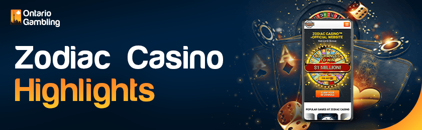 A mobile phone with some casino-playing items for Zodiac Casino highlights